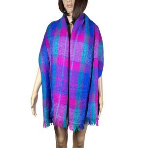 Sears & Roebuck Plaid Scarf Wrap Fuzzy Wool Acrylic Magenta Blue Green Vintage